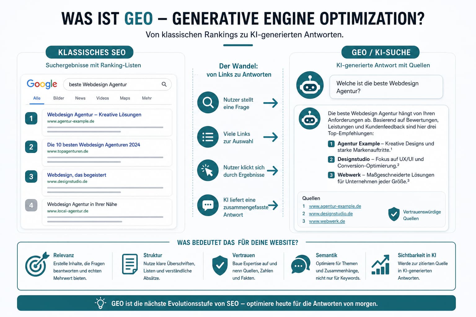 Infografik: unterschied seo vs. Geo – generative engine optimization erklärt