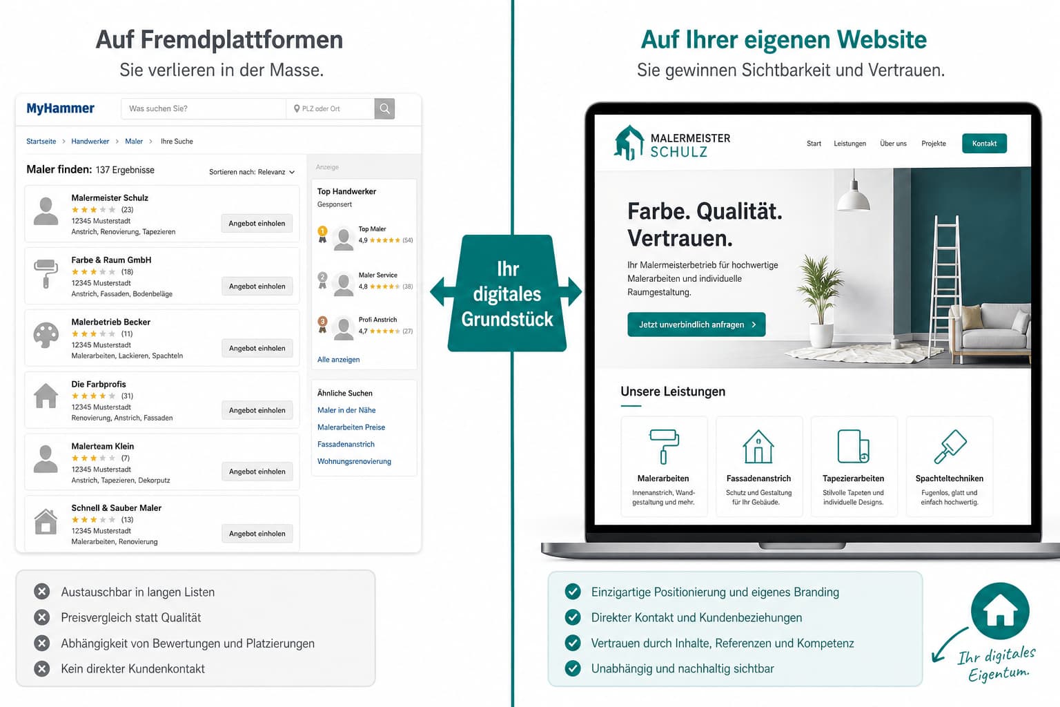 Vergleich eigene website vs. Plattform-profil – digitales grundstück