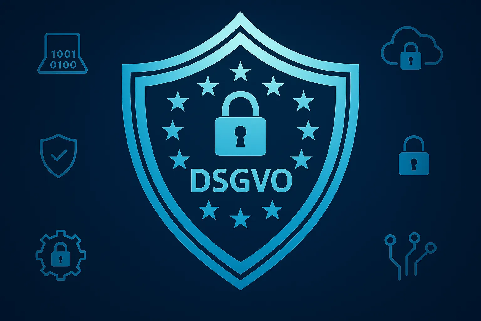 Modernes blaues Schutzschild mit DSGVO-Logo Datenschutz und Sicherheit für Unternehmen bei der Umsetzung der DSGVO 2025 Anforderungen