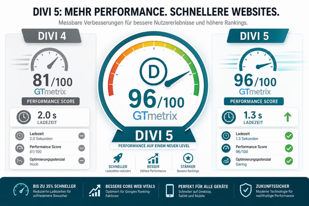 Performance-vergleich divi 4 vs. Divi 5: gtmetrix 81 zu 96 punkte, ladezeit 2s zu 1,3s